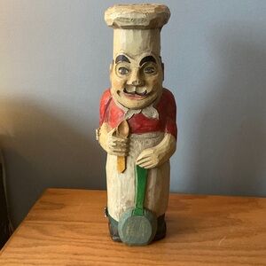 Vintage hand carved wood, Italian chef wine bottle holder